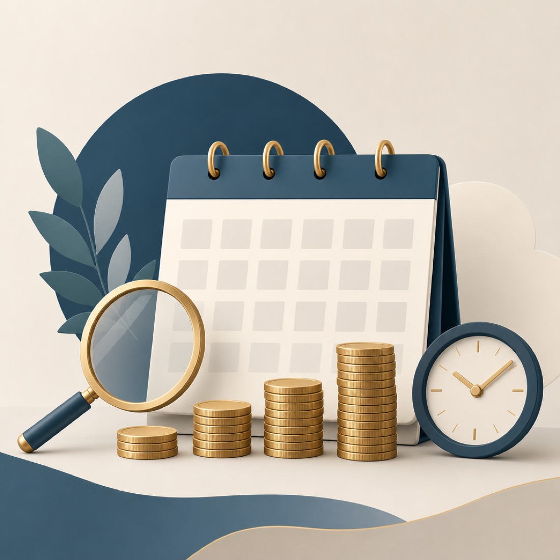 A calendar, gently rising stacks of coins, a clock and a magnifying glass, representing the cost of borrowing measured over a year.