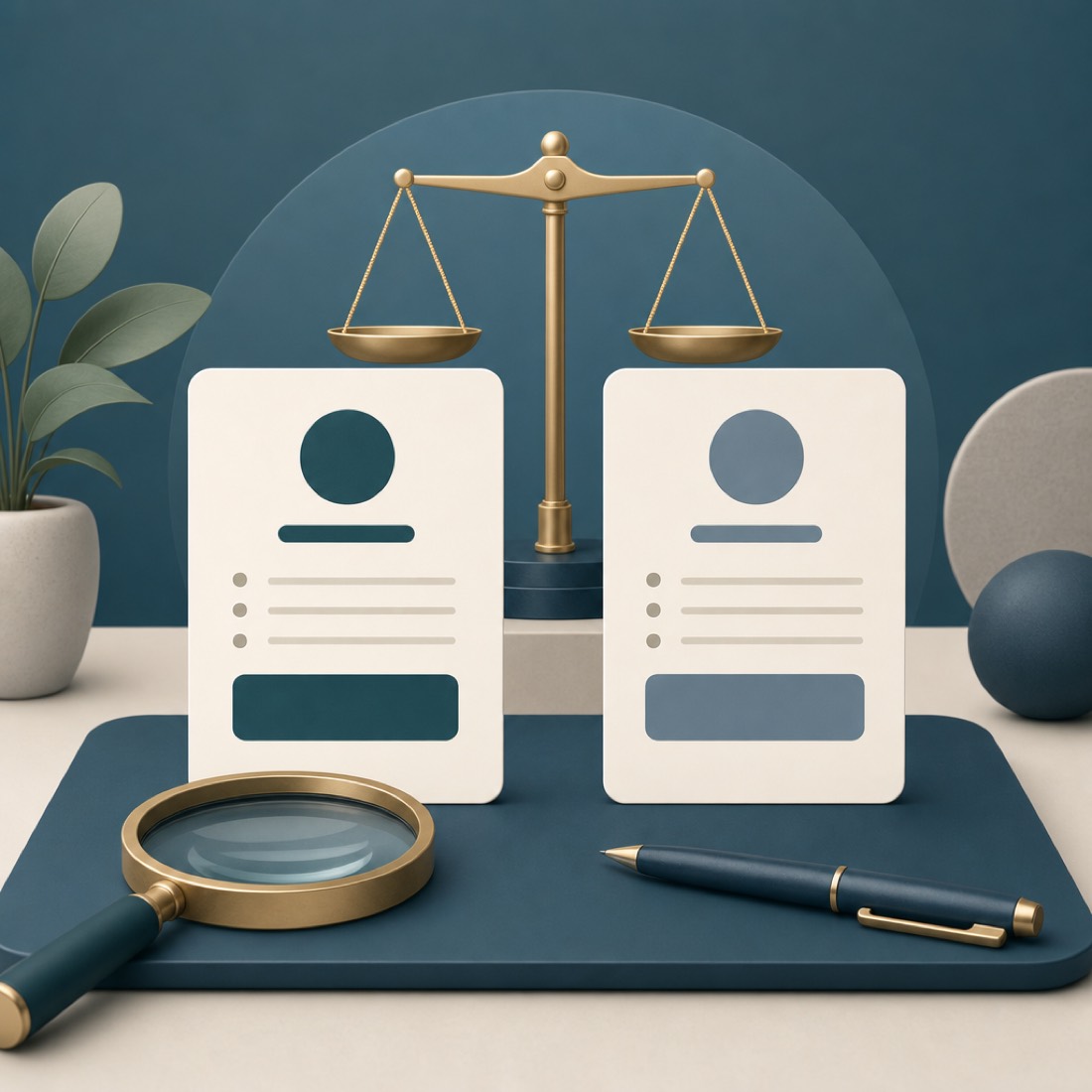 Two document cards side by side with a magnifying glass and a balance scale, representing weighing two loan offers carefully.