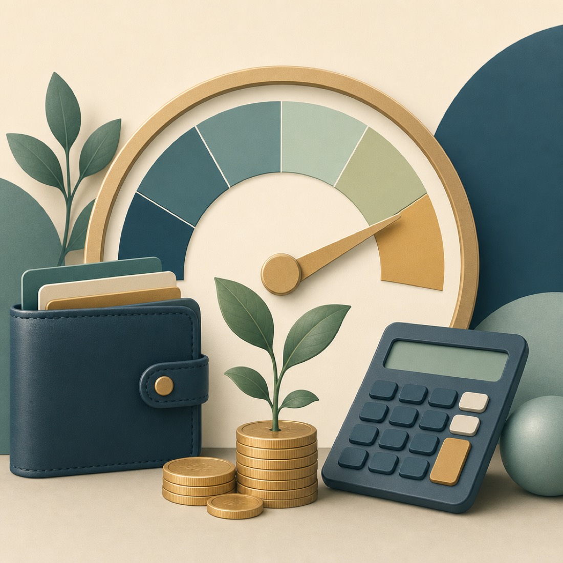 A gauge dial, a wallet, a calculator and a small plant growing from coins, representing healthy credit and budgeting.