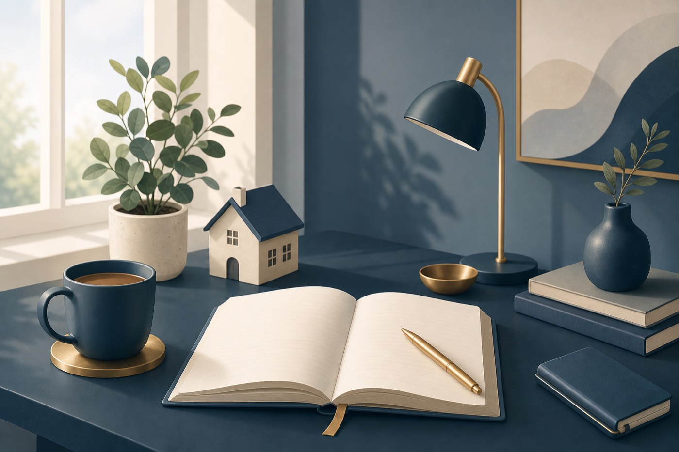 A calm, organized desk with a notebook, a small house figurine and a plant, representing thoughtful personal-finance planning.