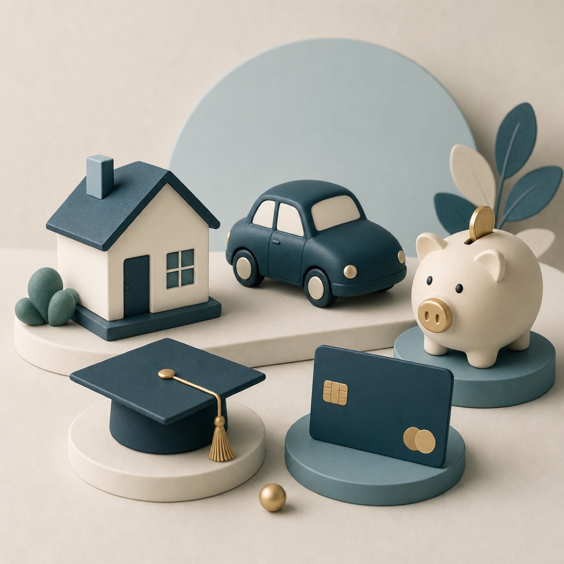 A neat set of objects — a house, a car, a graduation cap and a piggy bank — symbolizing different reasons people borrow.