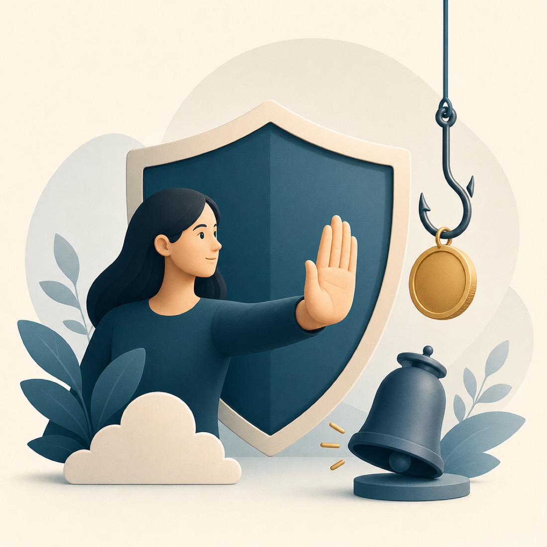 A shield and an alert symbol over a coin on a hook, representing the importance of avoiding high-cost debt traps.